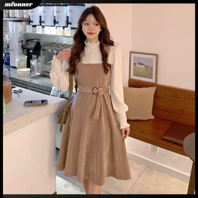 Đầm Tay Dài Giả Hai Lớp Phối Bèo Giả Hai Lớp Kèm Thắt Lưng Thời Trang Cho Gia Đình