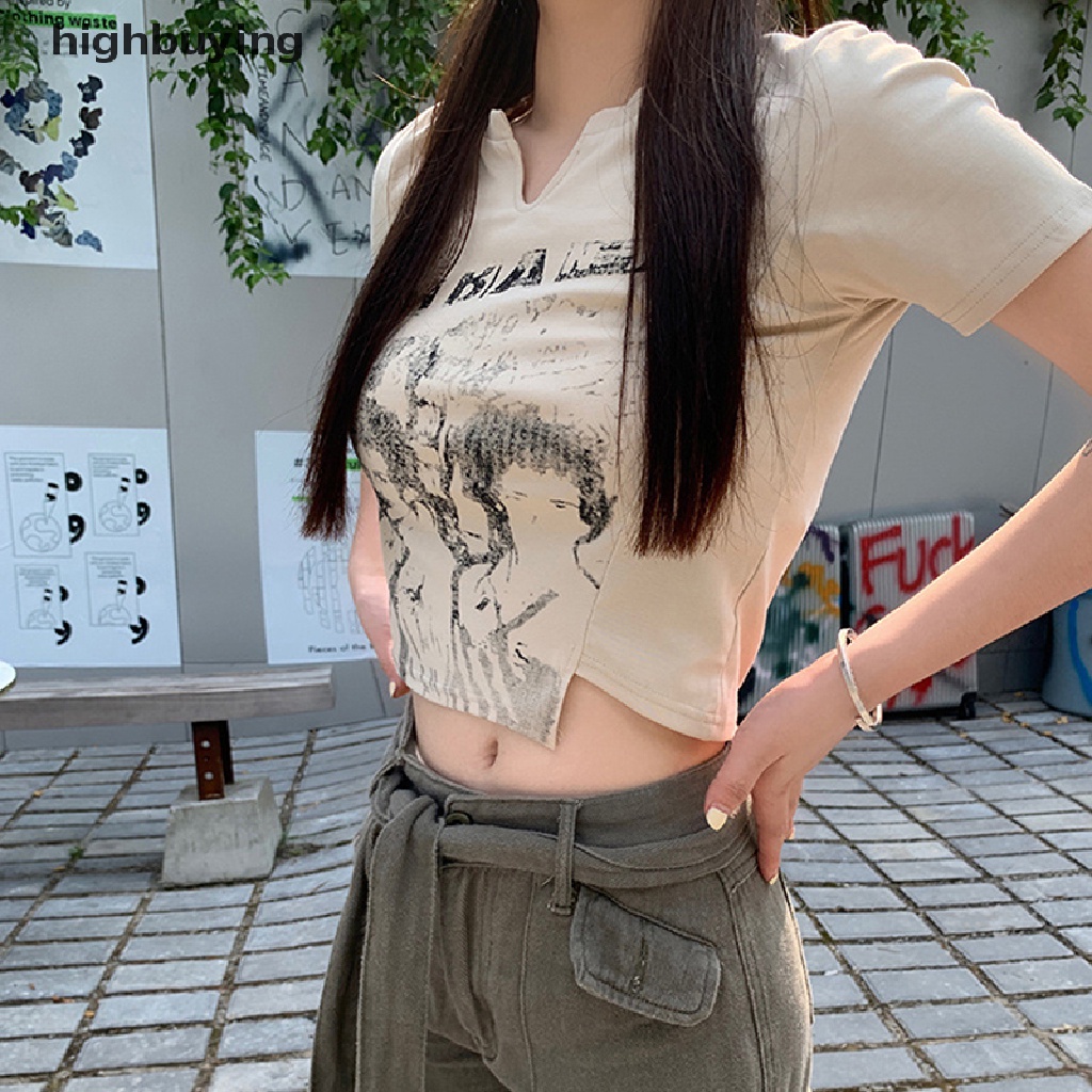 Áo Thun Lửng Ngắn Tay Cổ Chữ V In Họa Tiết Retro Cho Nữ