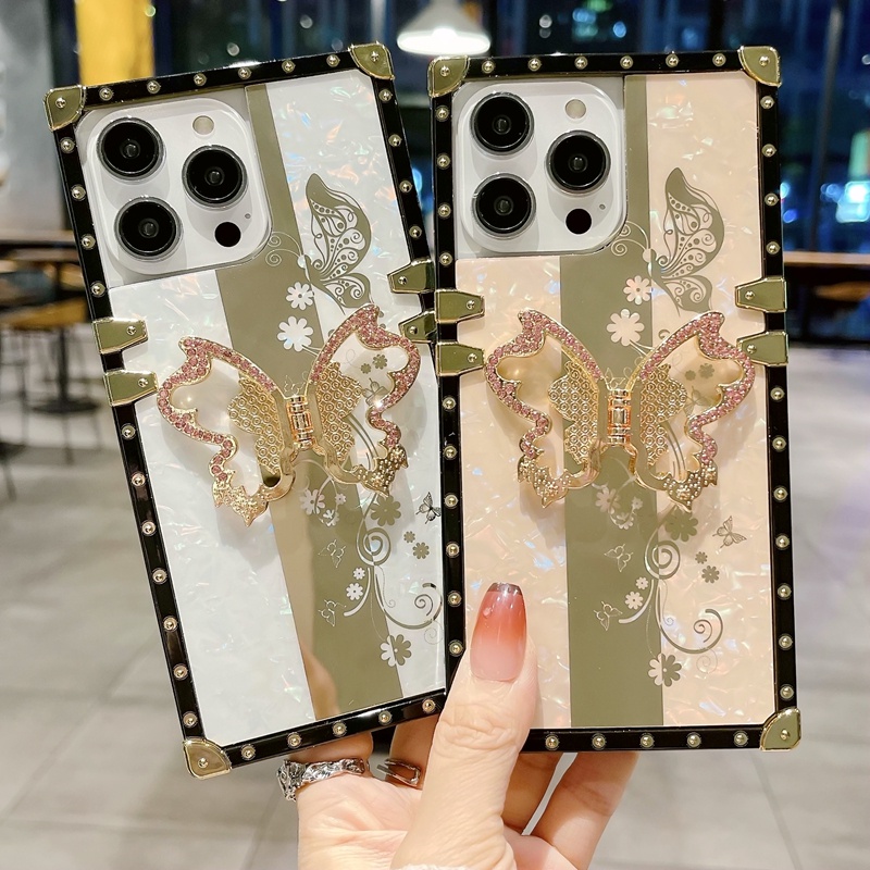 Ốp Điện Thoại Dạng Vuông Có Giá Đỡ Hình Hoa Bướm Cho iPhone 14promax 14pro 14 plus 13 13promax 12 / 12pro 11promax Xsmax XR