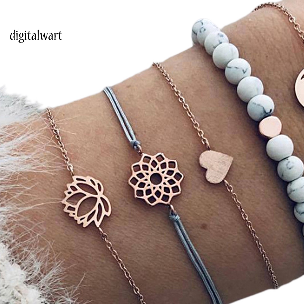 Kỹ Thuật Số| Set 5 Vòng Đeo Tay Họa Tiết Hoa Sen Rỗng Sáng Điều Chỉnh Được Cho Nữ