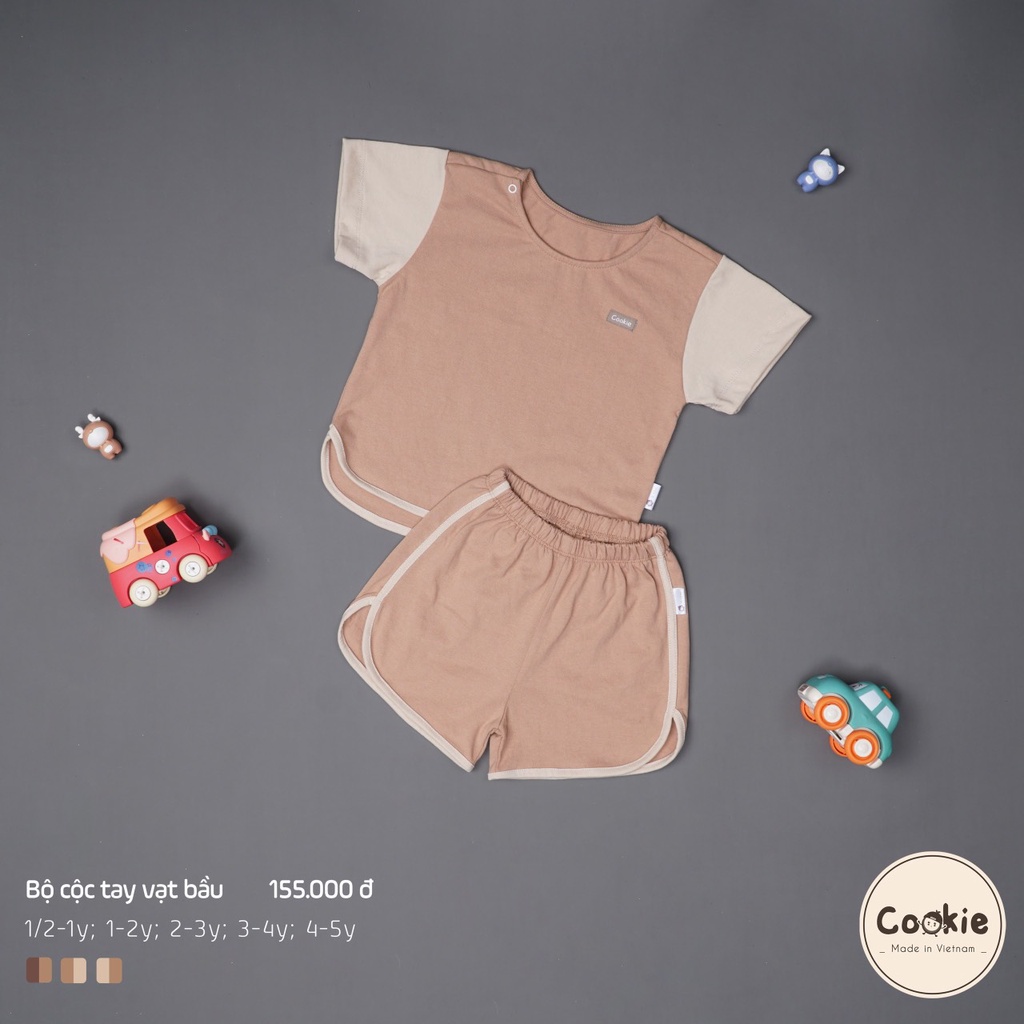 Bộ cộc tay vạt bầu bbes trai bé gái Cookie size 1y-6y chất cotton co giãn thấm hút mồ hôi
