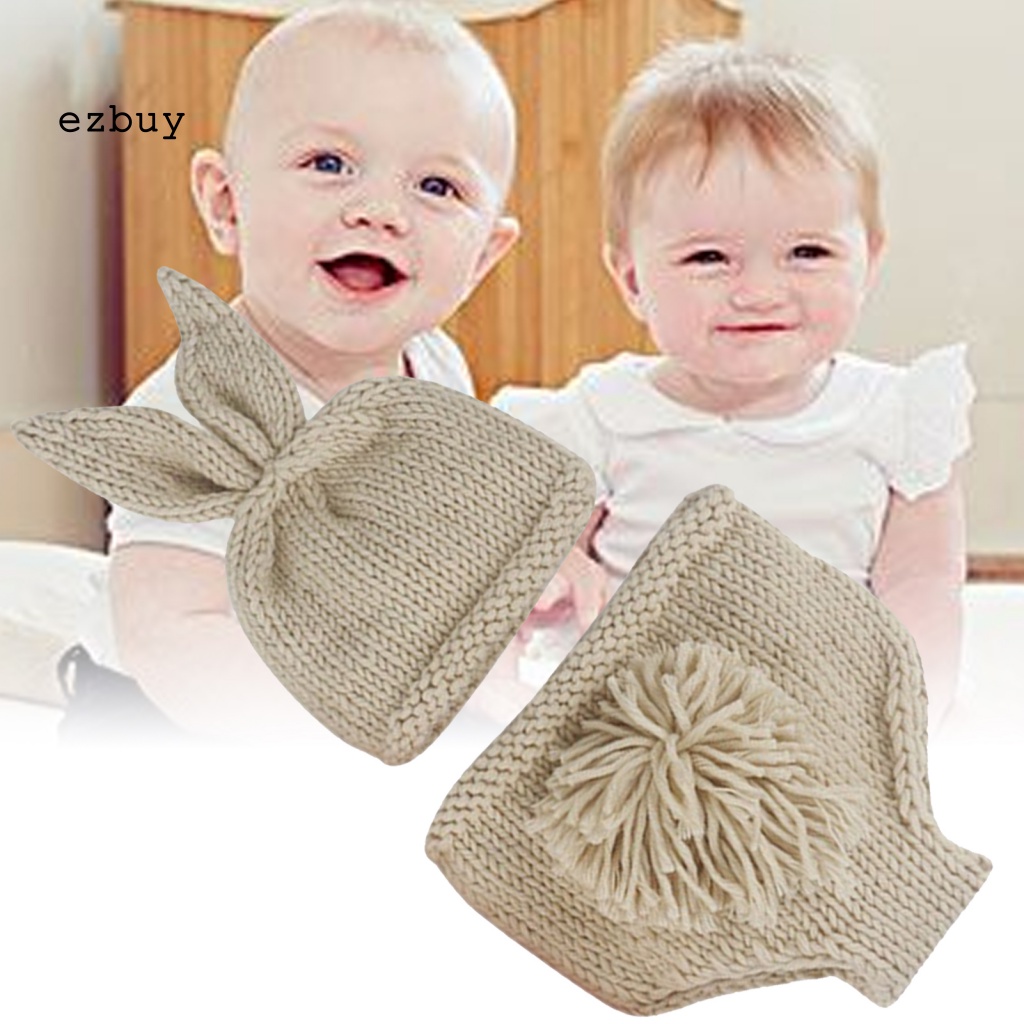 1 Set Mũ Tai Thỏ Đan Len Thủ Công + Quần Short Dùng Làm Đạo Cụ Chụp Ảnh Cho Bé Sơ Sinh