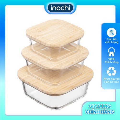 Hộp thuỷ tinh vuông nắp tre Inochi - Nikko (320/520/800ml)
