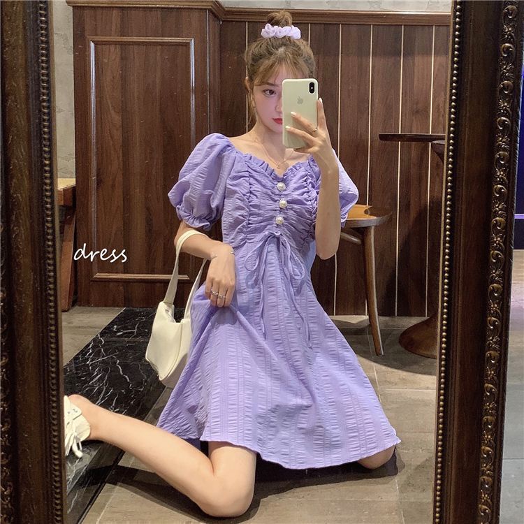 Đầm Tay Ngắn Phồng Cổ Chữ V Ôm Eo Phong Cách Pháp Cổ Điển Thời Trang Mùa Hè Hàng Mới Dành Cho Bạn Nữ
