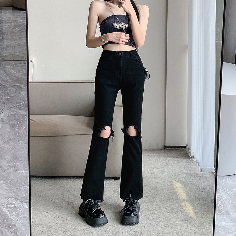 Quần Jean Đen Eo Cao Rách Cá Tính Năng Động Phong Cách Retro Hàn Quốc Cho Bạn Gái