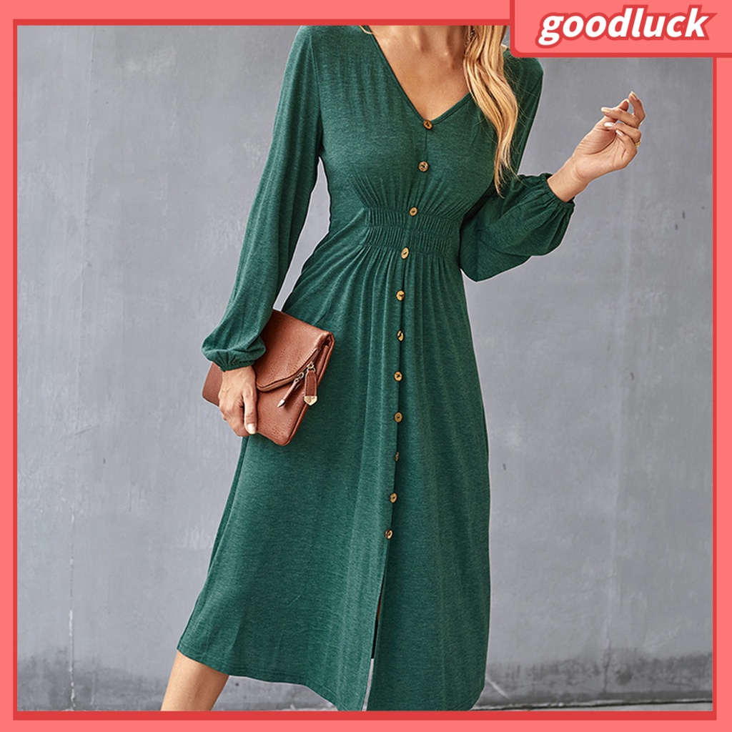 [GUC] Đầm Midi Dáng Chữ A Tay Dài Phồng Cổ Chữ V Xẻ Tà Phía Trước Eo Co Giãn Màu Trơn Thanh Lịch Dành Cho Nữ