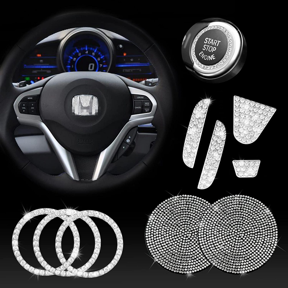 Bộ Phụ Kiện Lấp Lánh Trang Trí Vô Lăng Xe Hơi Kèm 2 Đế Lót Silicon Chống Trượt Cho Honda Civic Accord Fit CRV HRV Pilot Odyssey