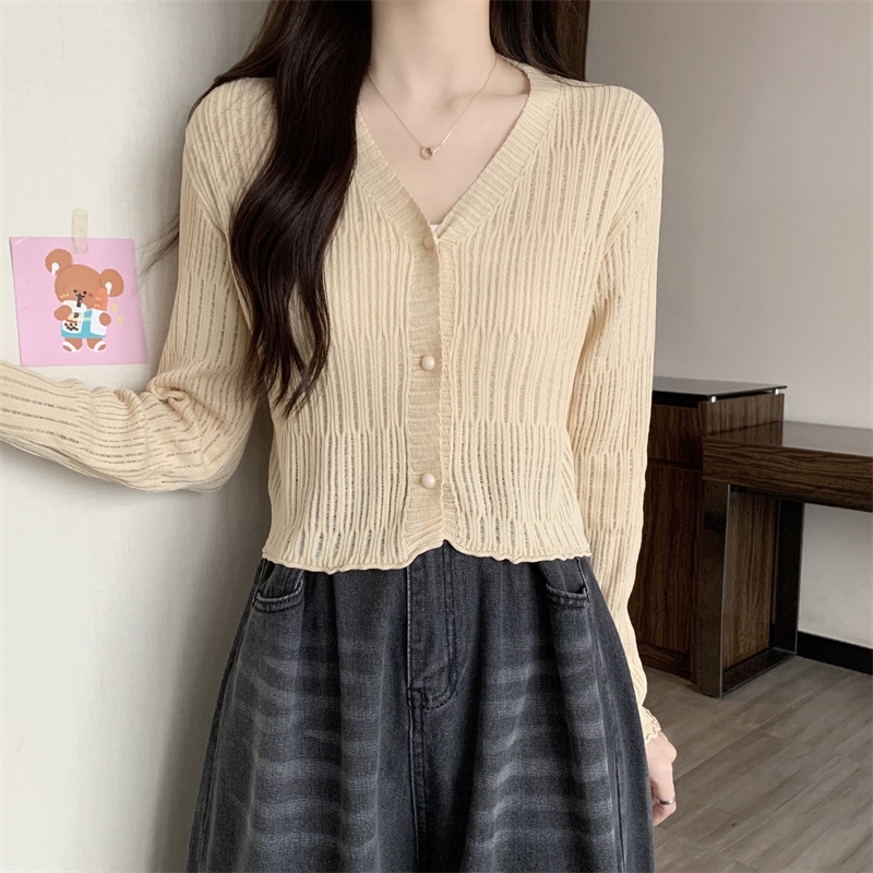 Áo Cardigan Dệt Kim Tay Dài Cổ Chữ V Màu Trơn Thời Trang Mùa Hè Cho Phái