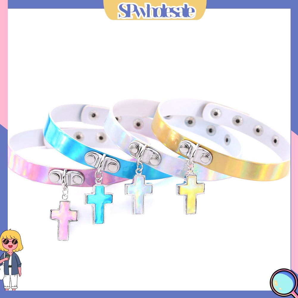 &lt;SPwholesale&gt; Vòng Cổ Choker Ngắn Mặt Vuông / Chữ Thập Màu Laser Phong Cách Harajuku Cho Nữ