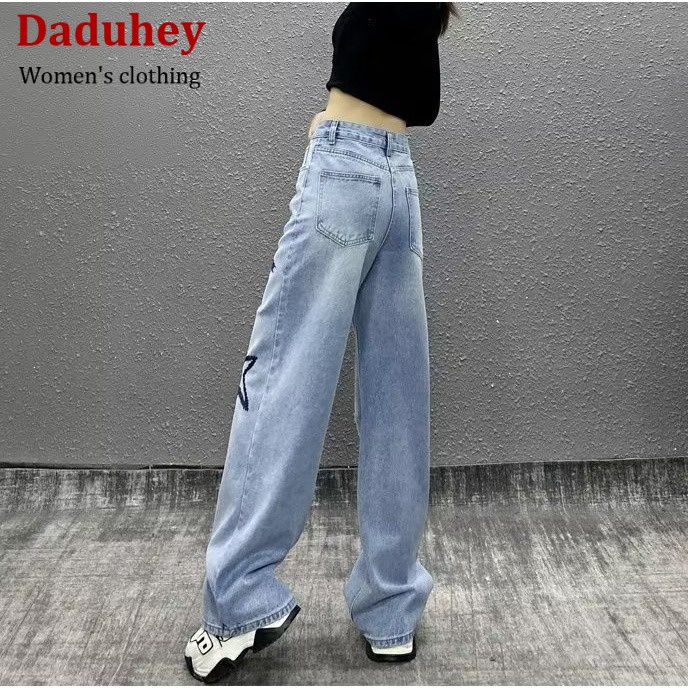 DaDuHey💕 New American Ins High Waist WOMEN'S Ripped Jeans Star Pattern Wide Leg Pants Large Size Trousers