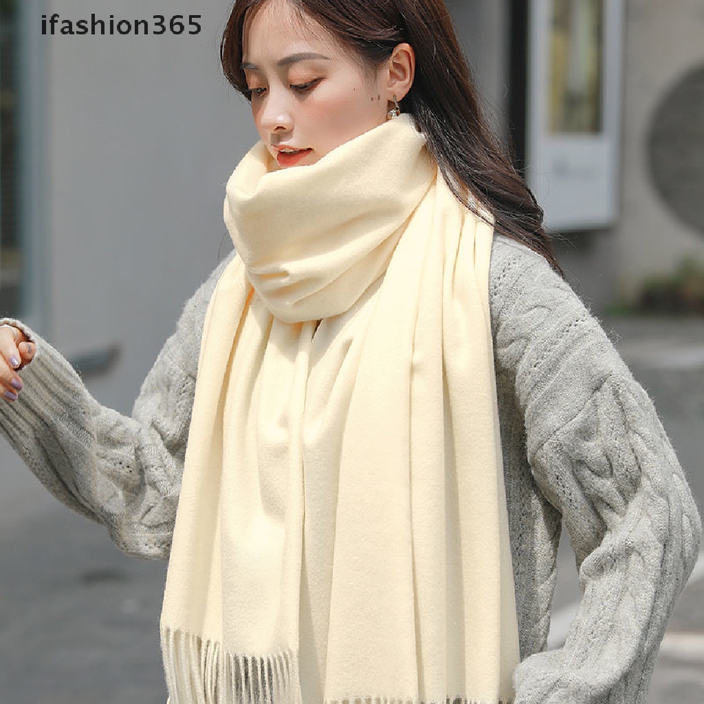 Khăn Choàng Cổ Dệt Kim Dày Dặn Màu Trơn Đính Tua Rua Thời Trang Mùa Đông Cho Nữ [ifashion365]