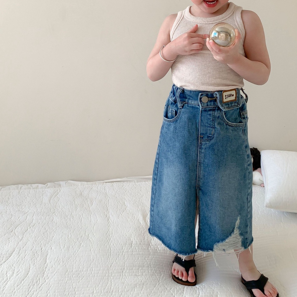CHÂN VÁY JEANS RÁCH GẤU DÁNG DÀI THỜI TRANG CHO BÉ- HÀNG QCCC