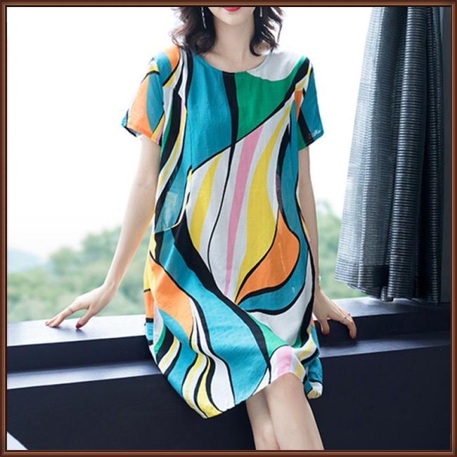 Đầm Dài Cổ Tròn Dáng Rộng In Họa Tiết Thời Trang Mùa Hè Xinh Xắn Cho Nữ