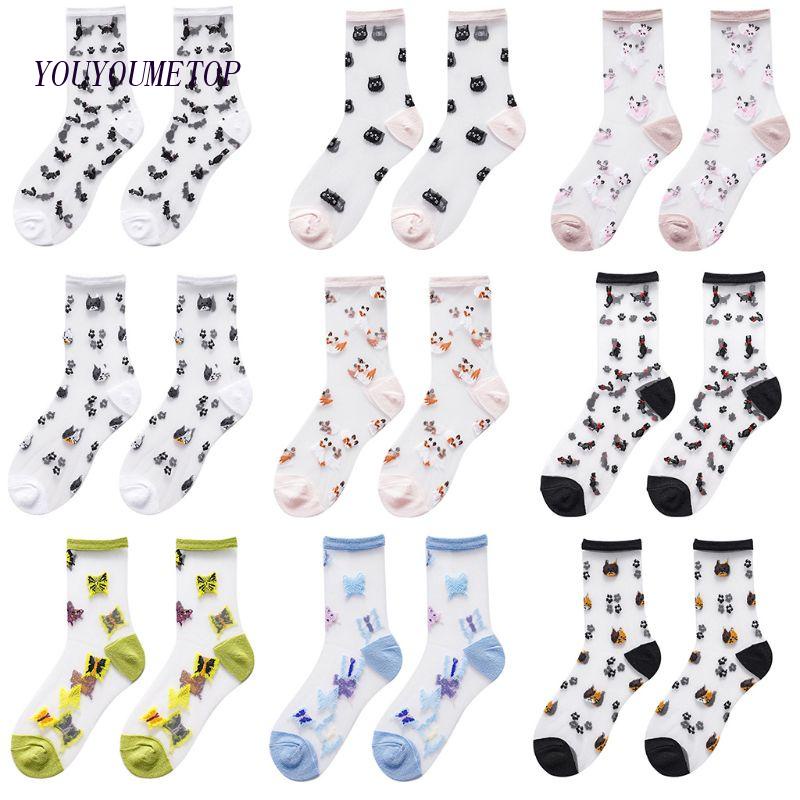 Youyo Vớ Sợi Thủy Tinh Trong Suốt In Họa Tiết Mèo Hoạt Hình Phong Cách Nhật Bản Cho Nữ Ultra-