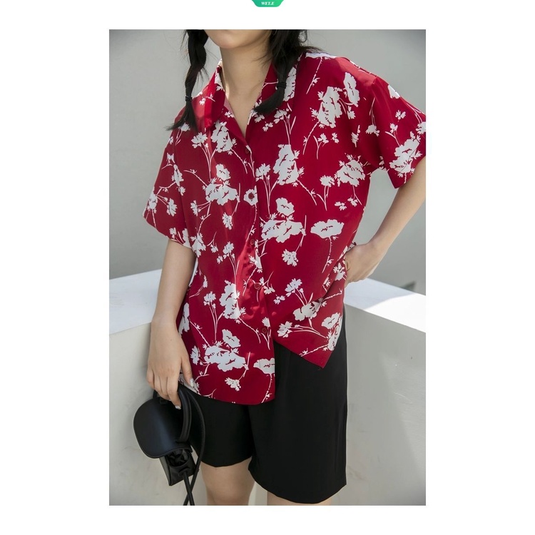 Áo Sơ Mi Chiffon Tay Ngắn Màu Đỏ In Họa Tiết Vintage Thời Trang Mùa Hè 2023 Cho Nữ