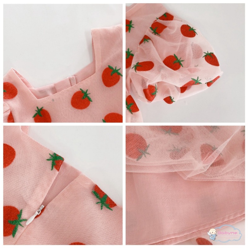 Đầm Công Chúa Dáng Suông Tay Phồng In Họa Tiết Dâu Tây Dễ Thương Phong Cách Hàn Quốc Cho Bé Gái