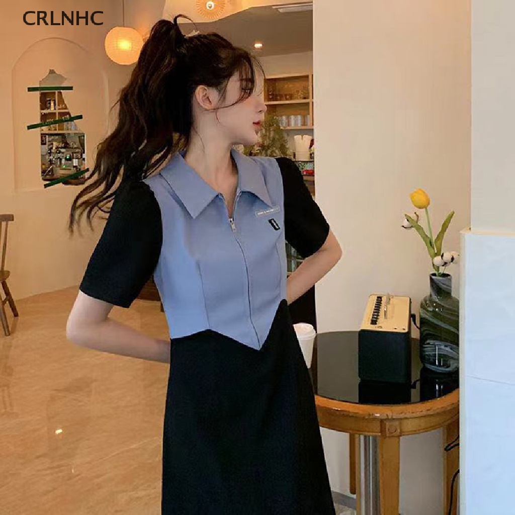 Đầm polo CRLNHC Y2k dáng chữ A ngắn tay xẻ tà phối màu tương phản phong cách Hàn Quốc thời trang mùa hè 2023 cho nữ