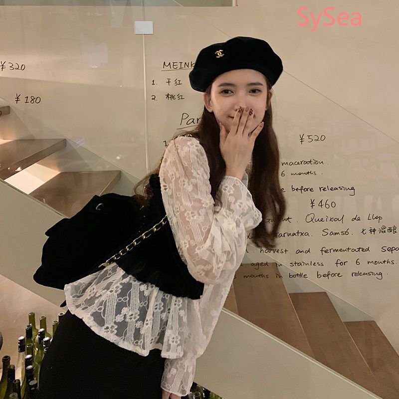 Áo Sơ Mi Dài Tay Phối Ren Phong Cách Hàn Quốc Thanh Lịch Cho Nữ