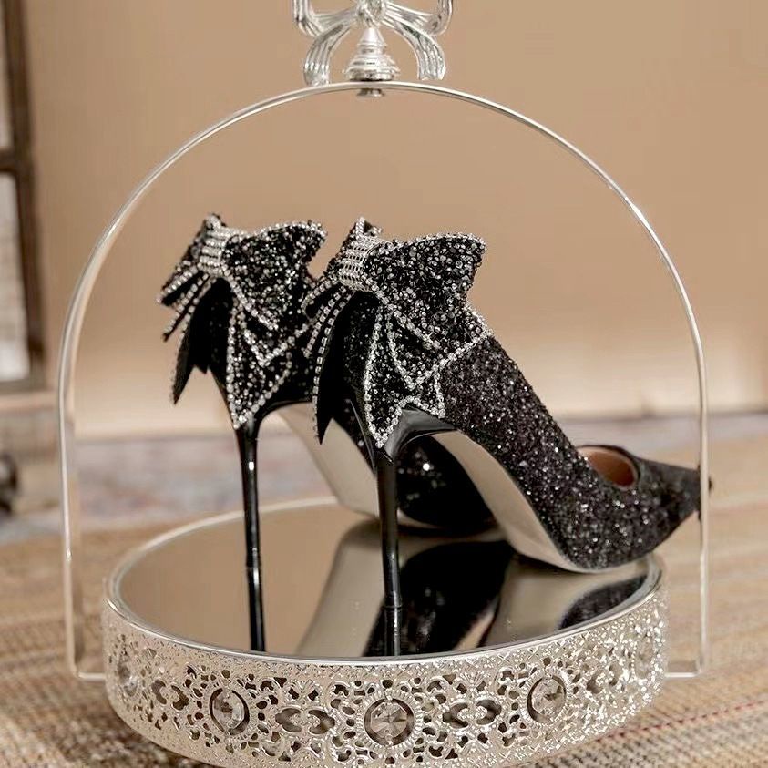 Cao gót trắng giày cao gót mũi nhọnGiày Cao Gót Đính Đá Pha Lê Và Nơ Phong Cách Thời Trang Xuân Thu Mới 2023 giày cao gót cô dâu dép cao gót 7 phân