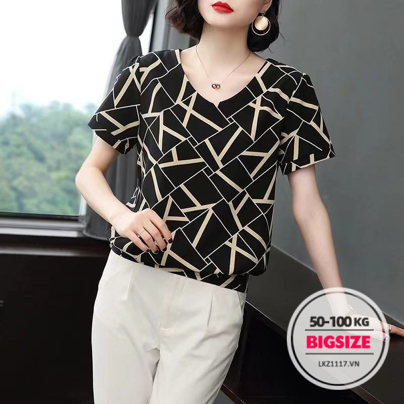 Áo kiểu trung niên nữ Bigsize Áo thun nữ trung niên cho mẹ form rộng tay ngắn cổ chữ v in hình mùa hè Phong cách Hàn Quốc Thời Trang đẹp