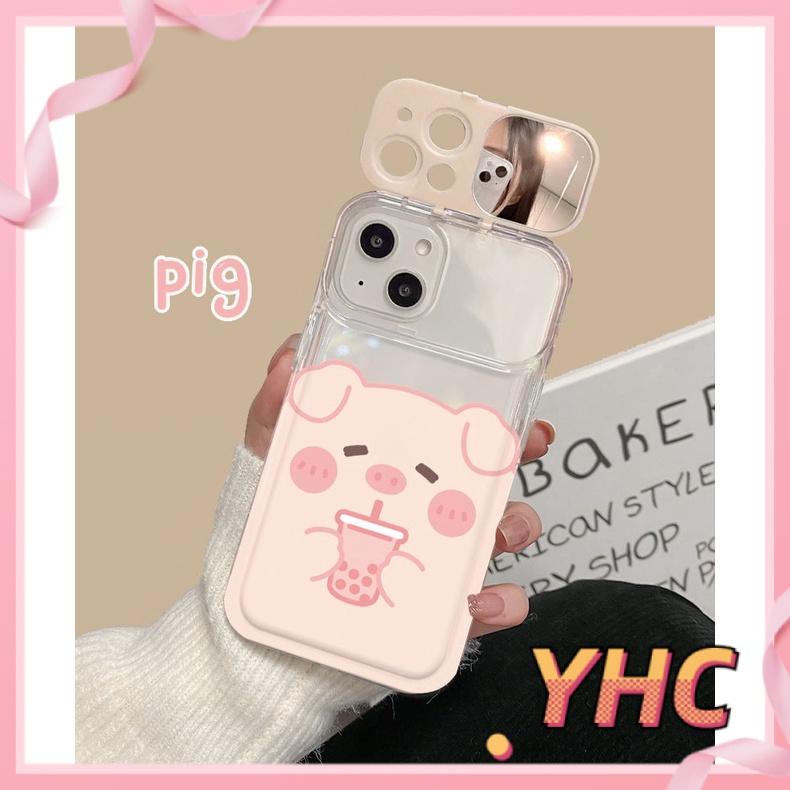 Ốp Lưng iPhone Camera Con lợn nhỏ uống trà sữa, nắp lật, giá đỡ gương, vỏ mềm silica gel chống rơi Cho Iphone 6 / 6S / 6splus / se / 7 / 7plus / 8 / 8plus / X / xs / xsmax / 11 / 12 / 13 / 14 / Plus / pro / pro max-8011