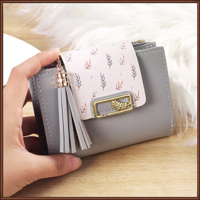 Ví Da Pu Ngắn Dạng Gập Có Mặt Dây Tua Rua Thời Trang Cho Nữ Giá Đỡ