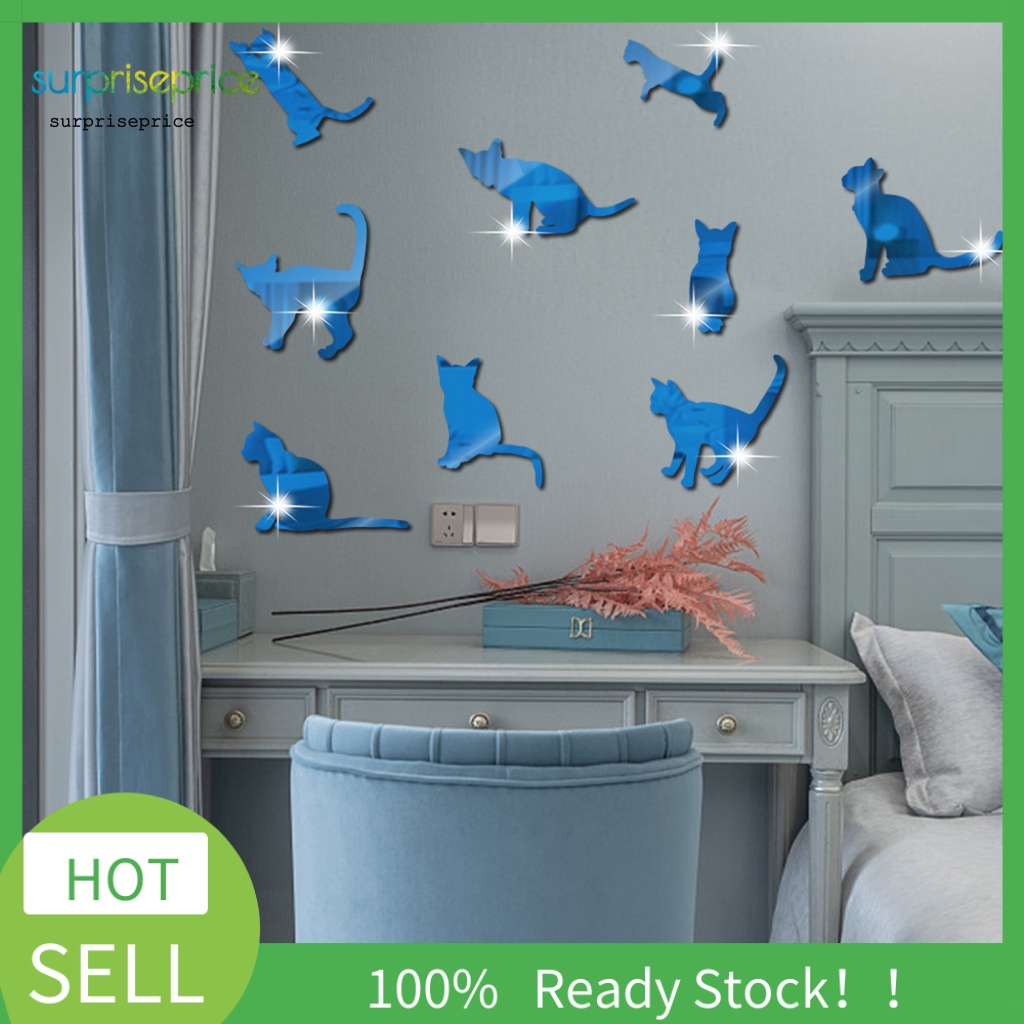 Bộ 9 Miếng Dán Tường Tráng Gương Họa Tiết Hoạt Hình Mèo Sáng Tạo Trang Trí Nhà Cửa