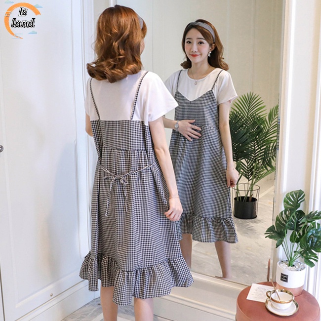 [IS] Đầm Bầu Giả Hai Lớp Bằng Vải Cotton Thoải Mái Thoáng Khí Tay Ngắn Cổ Tròn In Caro Dành Cho Phụ Nữ