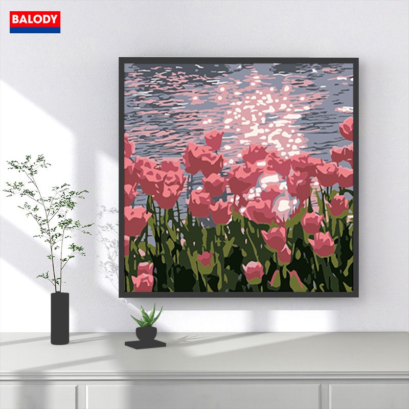 Tranh Sơn dầu Số hóa chủ đề Hoa, Phong cảnh Thiên nhiên đẹp có khung BALODY 20x20cm treo tường