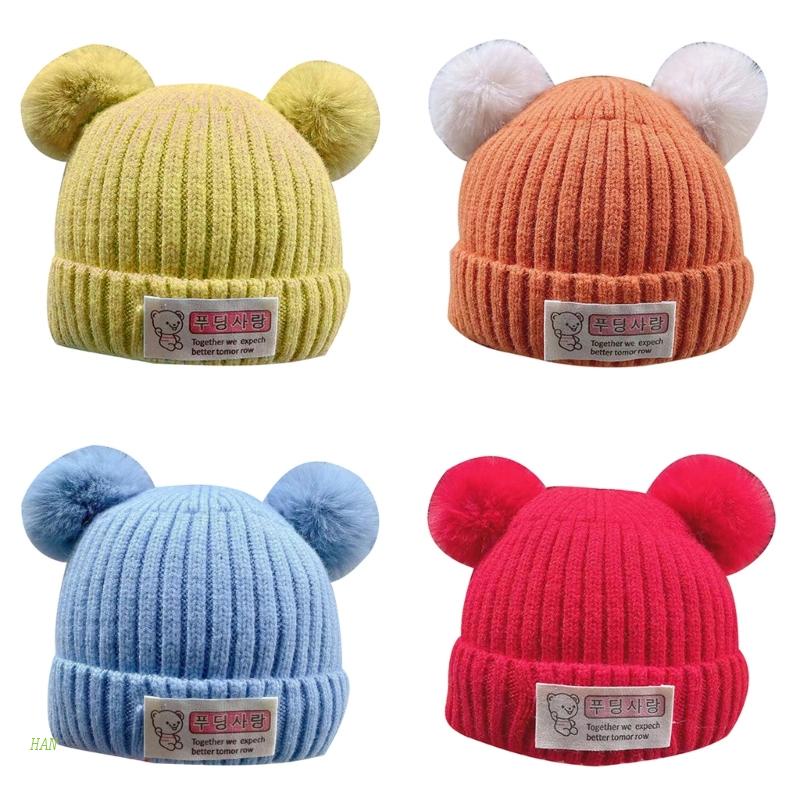 Mũ Len Beanie Mềm Mại Giữ Ấm Hai Lớp Gắn Quả Bông Cho Bé 3-30 Tháng Tuổi