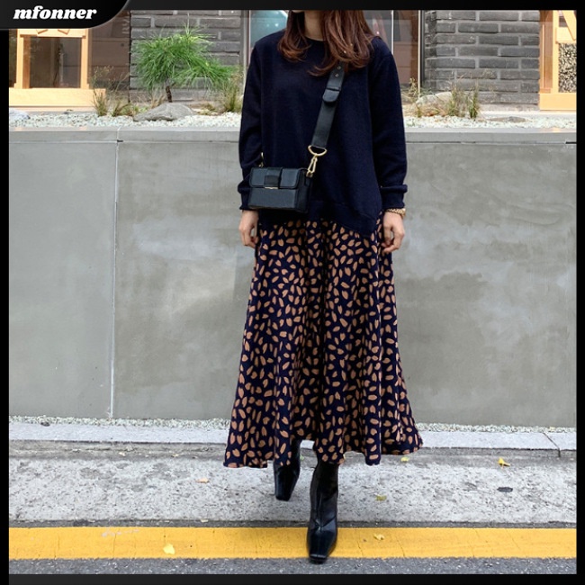 Đầm Thun Dài Tay Cổ Tròn Dáng Chữ A In Họa Tiết Thời Trang Cho Nữ