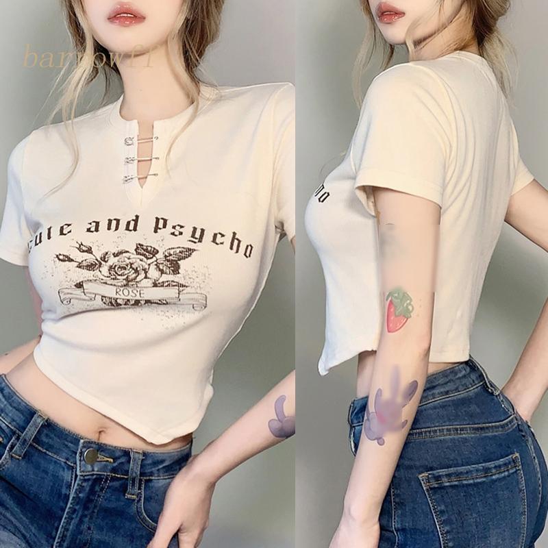 Áo Thun Lửng Ngắn Tay Cổ Chữ V In Họa Tiết Hoa Hồng Và Chữ Thời Trang Dành Cho Nữ