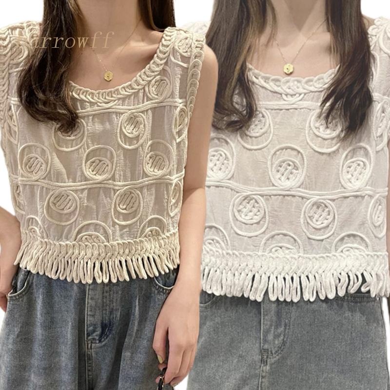 Áo Croptop Dệt Kim Không Tay Họa Tiết Hình Học Phối Tua Rua Phong Cách Boho Thời Trang Mùa Hè Cho Nữ