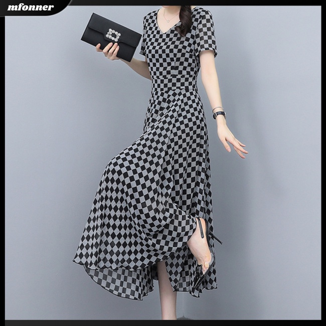 Đầm Midi Tay Ngắn Cổ Chữ V Họa Tiết Caro Thời Trang Mùa Hè Cho Nữ