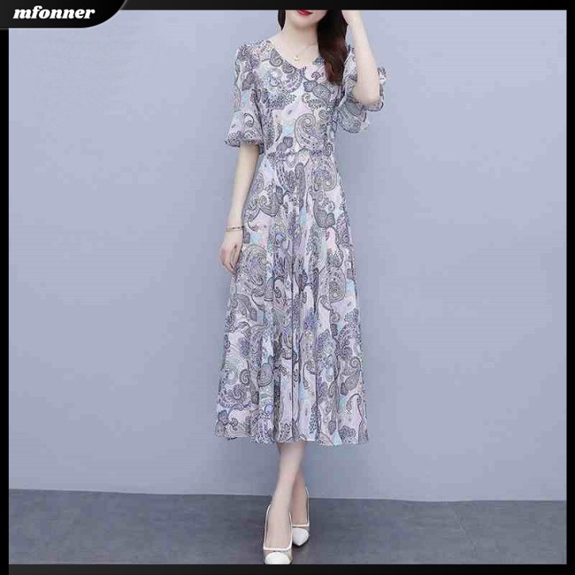 Đầm Midi Tay Ngắn Cổ Chữ V Vải Lụa Lạnh In Hoa Eo Thun Thời Trang Mùa Hè Cho Bạn Gái