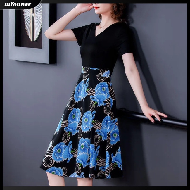 Đầm Midi Giả Hai Mảnh Áo Tay Ngắn Cổ Chữ V In Hoa Phối Chân Váy Chữ A Lưng Cao Thời Trang Mùa Hè Cho Bạn Gái