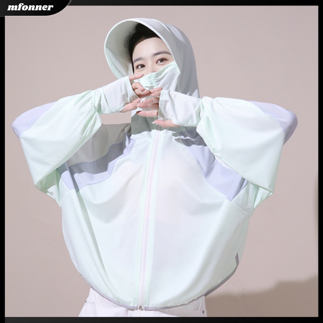 Áo Khoác Chống Nắng Tay Dài Có Mũ Vải Lụa Lạnh Mỏng Màu Sắc Tương Phản Thời Trang Cho Nữ