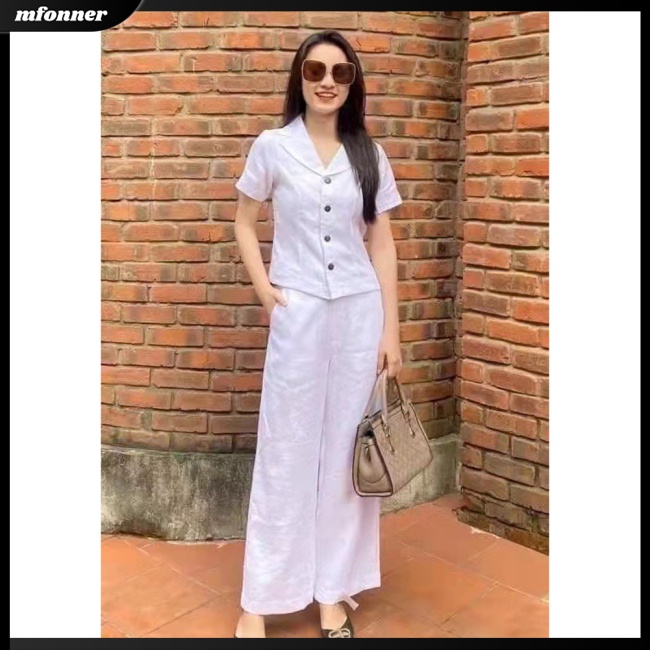 Bộ Trang Phục 2 Mảnh Áo Tay Ngắn Màu Trơn Phối Quần Dài Ống Rộng Thời Trang Cho Nữ