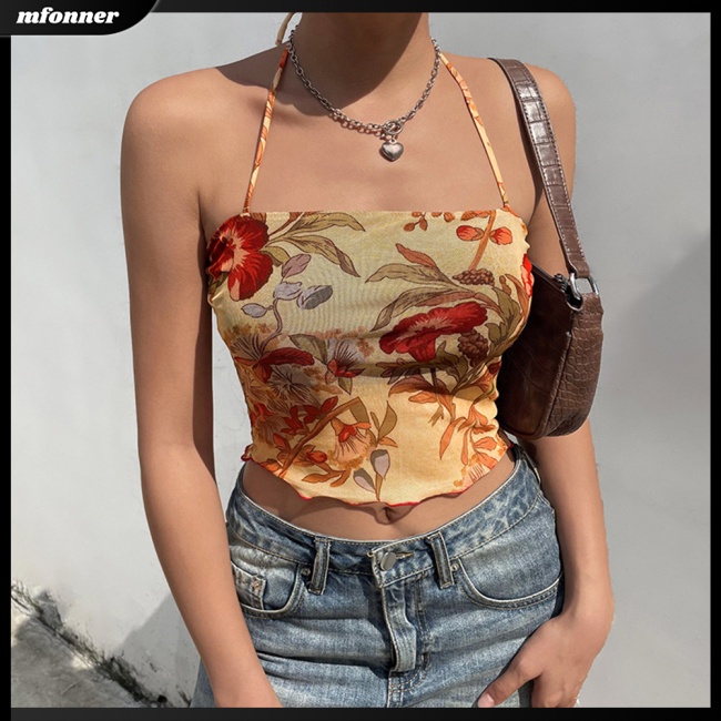 Áo Tank Top Sát Nách Phối Lưới Thoáng Khí In Họa Tiết Hoa Thời Trang Đường Phố Cho Nữ