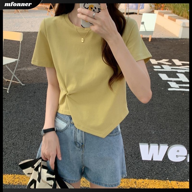 Áo Thun Lửng Ngắn Tay Cổ Tròn Lưng Cao Lệch Tà Thời Trang Cho Nữ