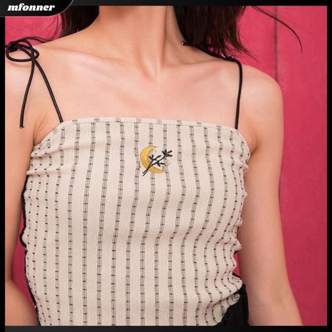 Áo Hai Dây Cotton Mềm Mại Họa Tiết Sọc Caro Thêu Hình Mặt Trăng Thắt Dây Thời Trang Cho Nữ