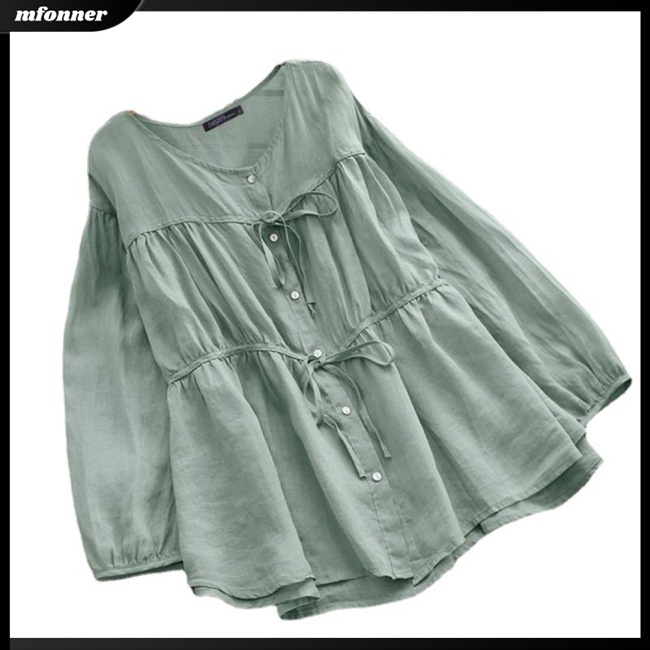 Áo Sơ Mi Tay Dài Cổ Tròn Dáng Rộng Xếp Ly Một Hàng Nút Vải Cotton Lanh Màu Trơn Thời Trang Cho Bạn Gái