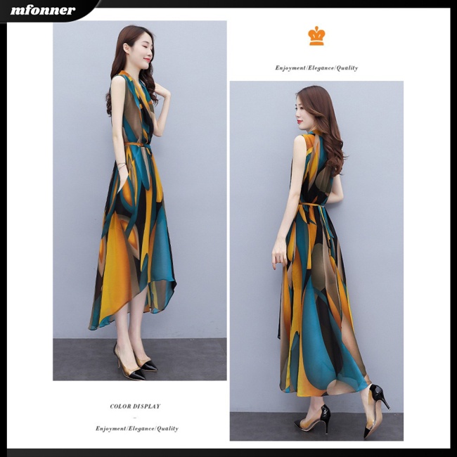 Đầm Dài Qua Gối Không Tay Cổ Chữ V In Họa Tiết Phong Cách Phương Tây Lãng Mạn Dành Cho Nữ