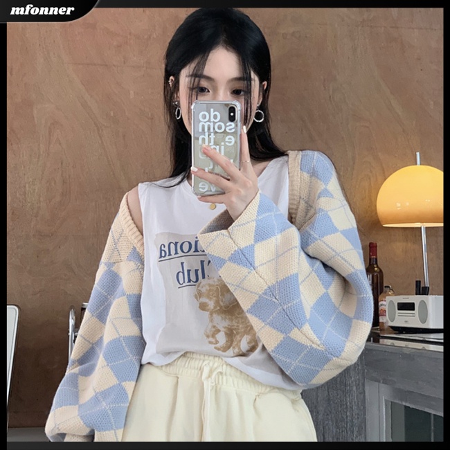 Áo Khoác Cardigan Dệt Kim Tay Dài Dáng Ngắn Ôm Hở Vai Họa Tiết Hình Thoi Thời Trang Cho Nữ