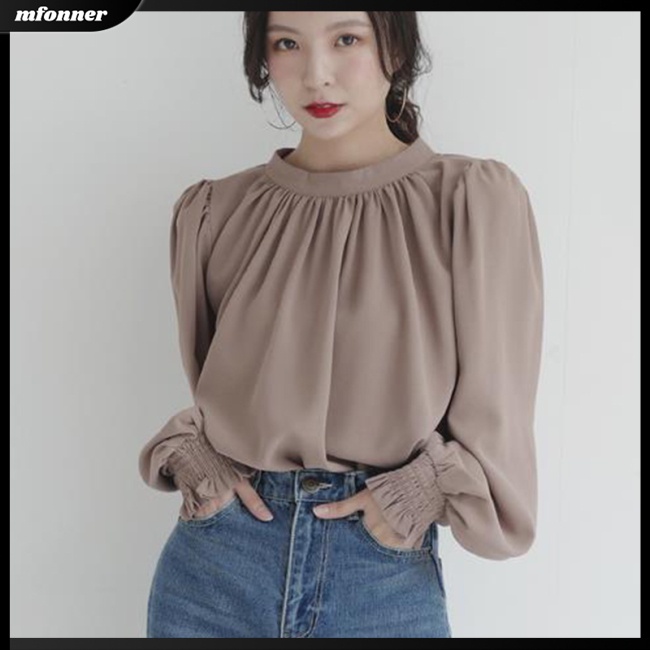 Áo Sơ Mi Voan Cổ Đứng Dài Tay Màu Trơn Phong Cách Retro Thời Trang Dành Cho Nữ