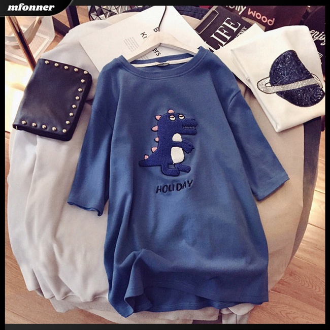 Áo Thun Tay Ngắn Dáng Rộng In Hoạt Hình Khủng Long Đáng Yêu Cho Nữ