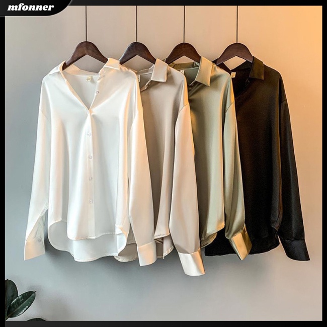 Áo Sơ Mi Satin Dài Tay Dáng Rộng Màu Sắc Đơn Giản Thanh Lịch Cho Nữ
