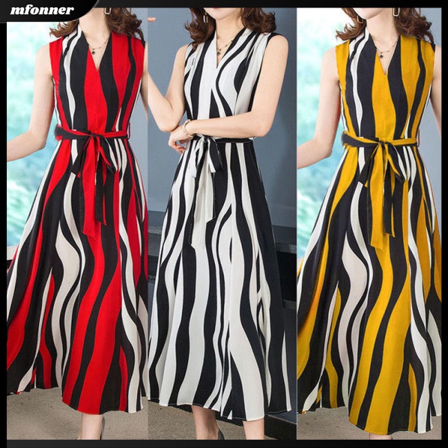 Đầm Midi Không Tay Cổ Chữ V Họa Tiết Kẻ Sọc Thời Trang Cho Nữ