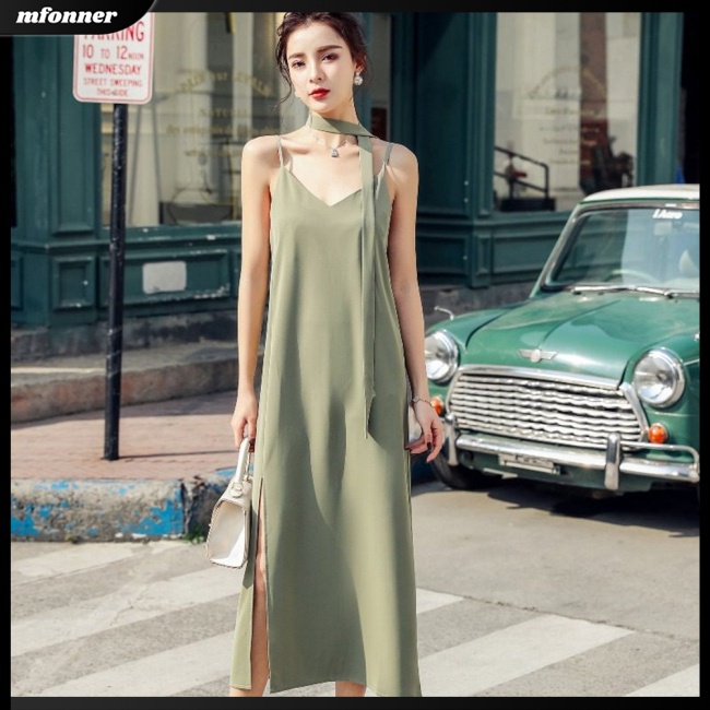 Đầm Dài Hai Dây Cổ Chữ V Kèm Thắt Lưng Thời Trang Mùa Hè Cho Nữ