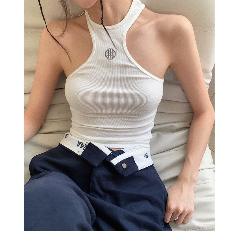 Áo Sát Nách Cổ Yếm Màu Trắng RENJIANVSHENG Thời Trang Mùa Hè Cho Nữ